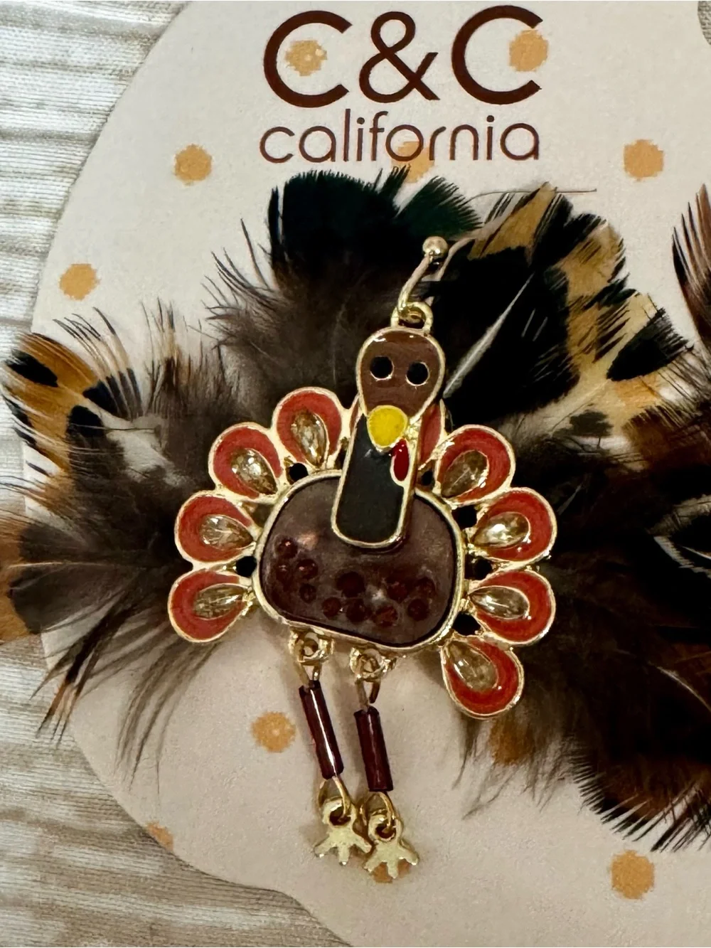 Cute C&C California Brown & Orange Turkey Feather Drop Earrings